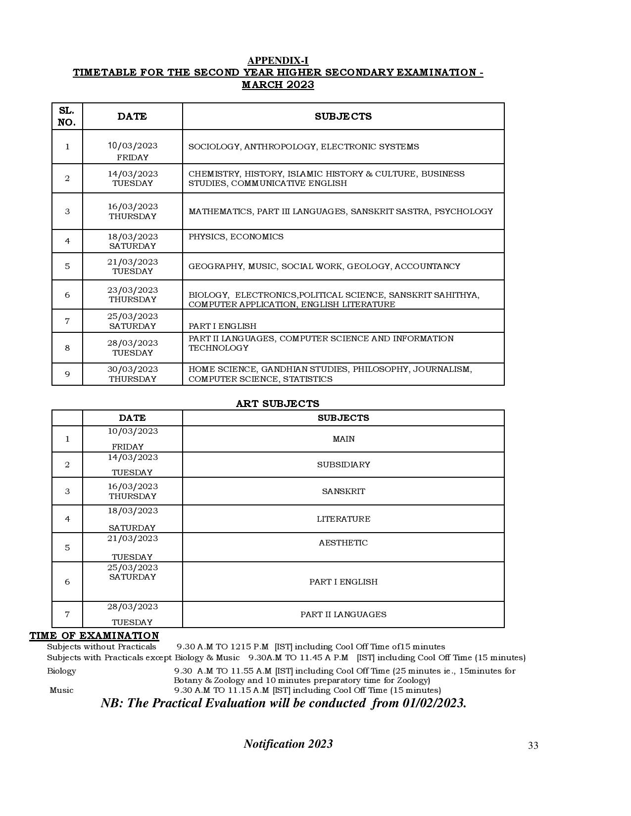 Kerala DHSE/HSE Exam Schedule 2023